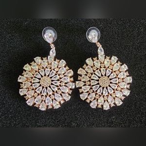 Natasha Brass Fabulous Statement CZ Rose Gold Tone Oversized Medallion Earrings